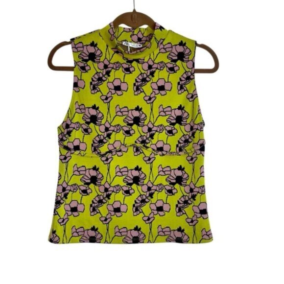 Zara Women’s Large Jacquard Top Tank Fitted High Neck Sleeveless Office Floral - Picture 1 of 9